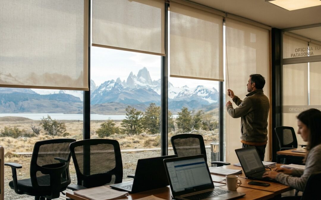 Oficina moderna en la Patagonia Argentina con cortinas roller sunscreen de DX Roller instaladas