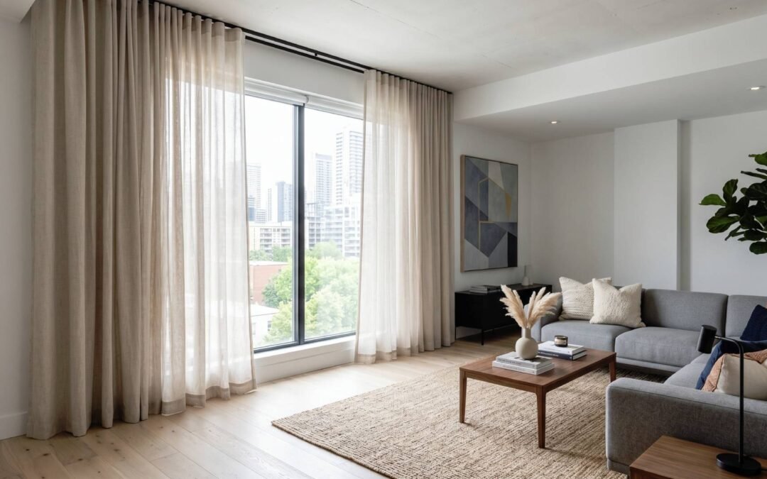 Cortinas de tela clásicas de DX Roller instaladas en un living moderno con luz natural
