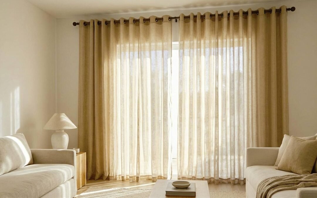 Cortinas clásicas de tela a medida en tonos beige rústico instaladas de pared a pared en un living moderno